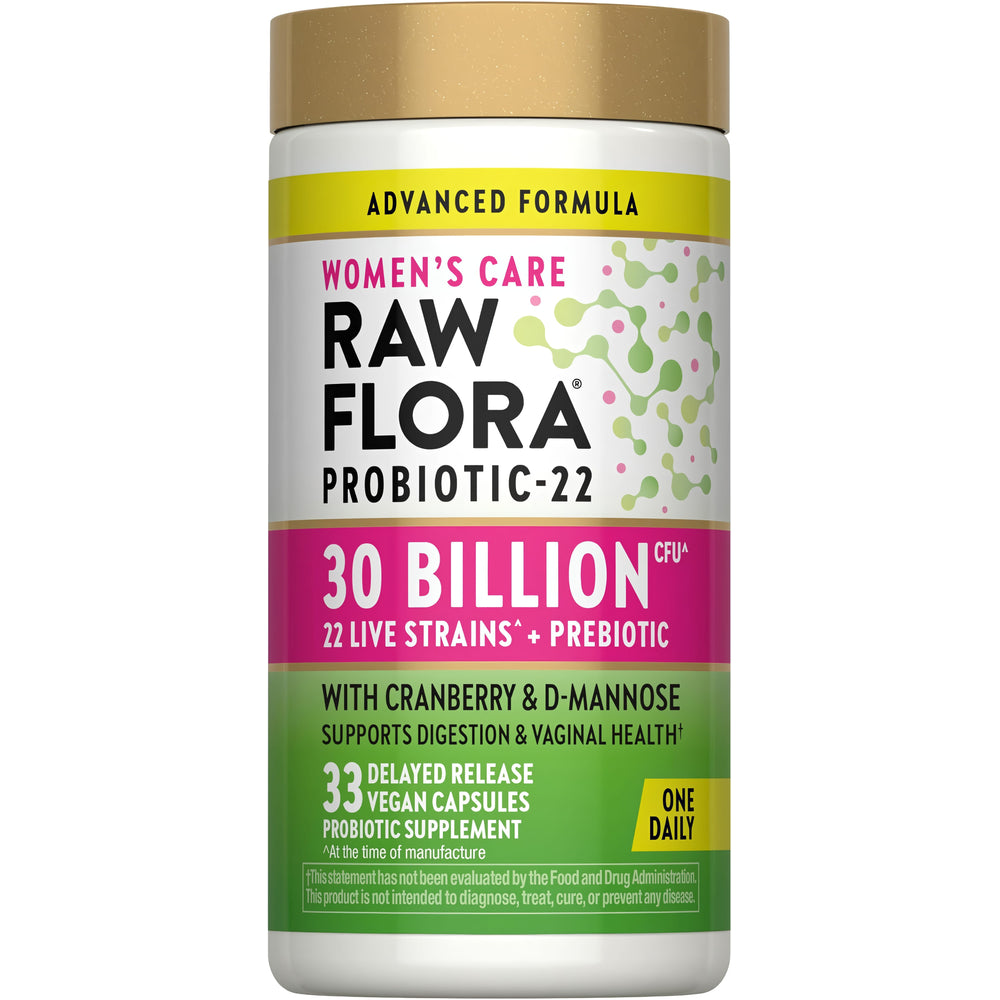 Raw Flora Women's Care Probiotic with 30 Billion CFU, 22 strains, prebiotic, cranberry, and D-Mannose in 33 vegan capsules.