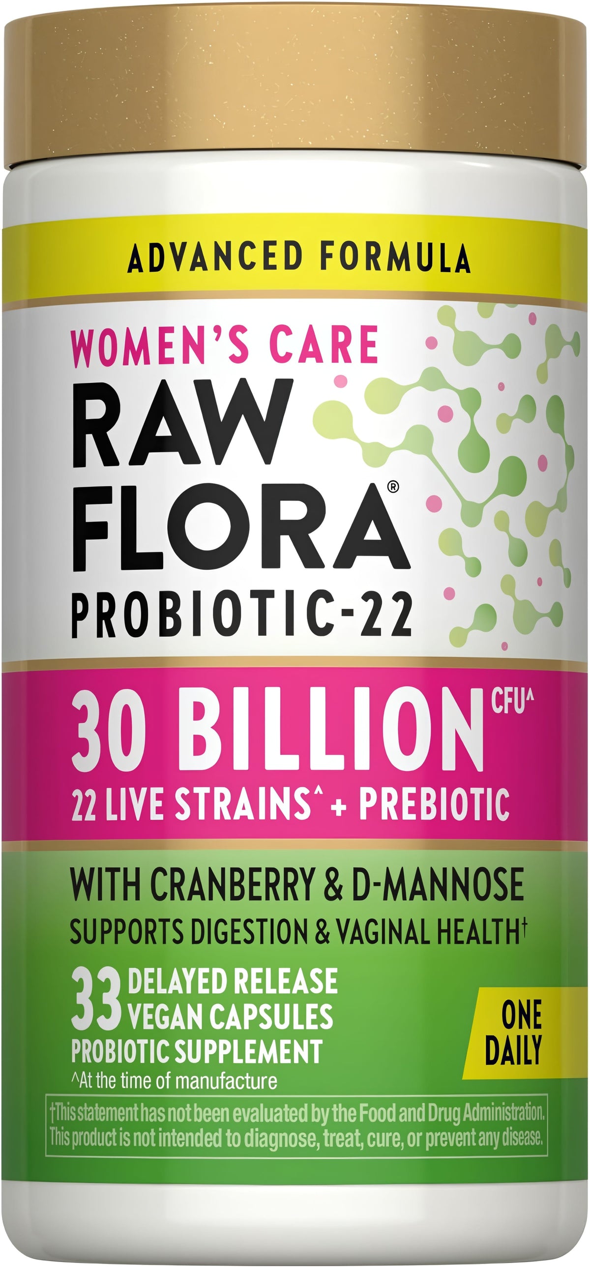 Raw Flora Women's Care Probiotic with 30 Billion CFU, 22 strains, prebiotic, cranberry, and D-Mannose in 33 vegan capsules.