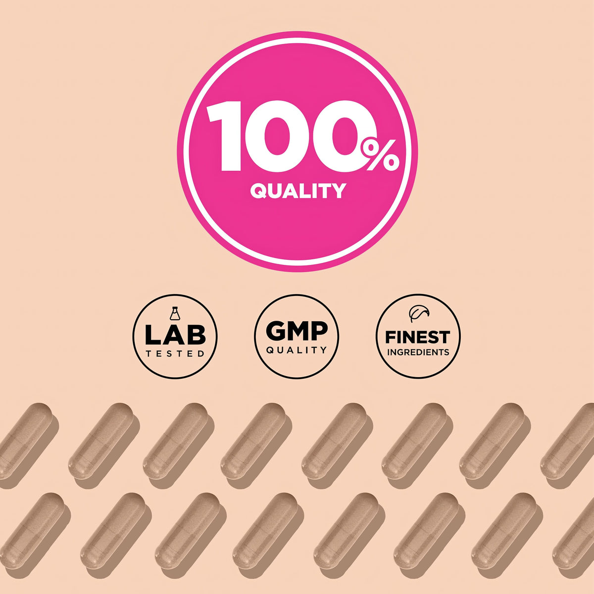 Infographic showing 100% quality, lab tested, GMP quality, finest ingredients, and light brown Raw Flora Probiotic capsules.