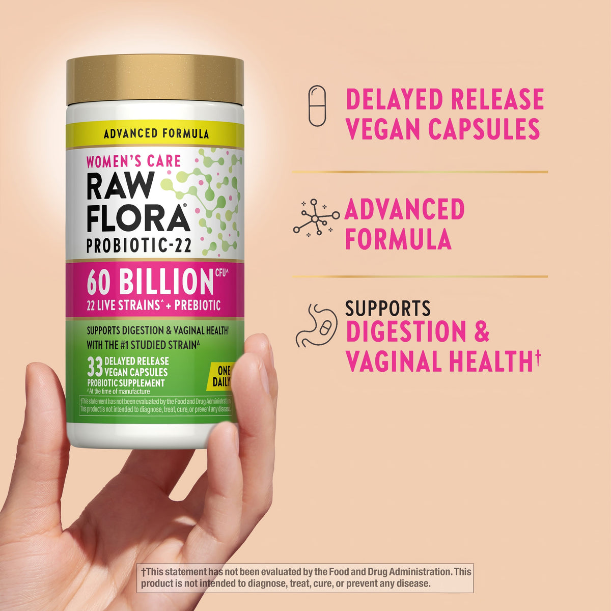 Product highlights graphic stating DELAYED RELEASE VEGAN CAPSULES, ADVANCED FORMULA, SUPPORTS DIGESTION & VAGINAL HEALTH.