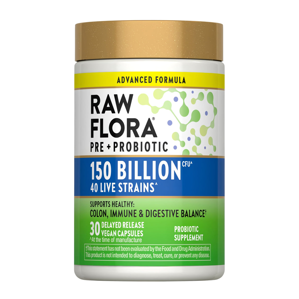 Raw Flora Pre + Probiotic with 150 Billion CFU, 40 live strains, 30 delayed release vegan capsules.