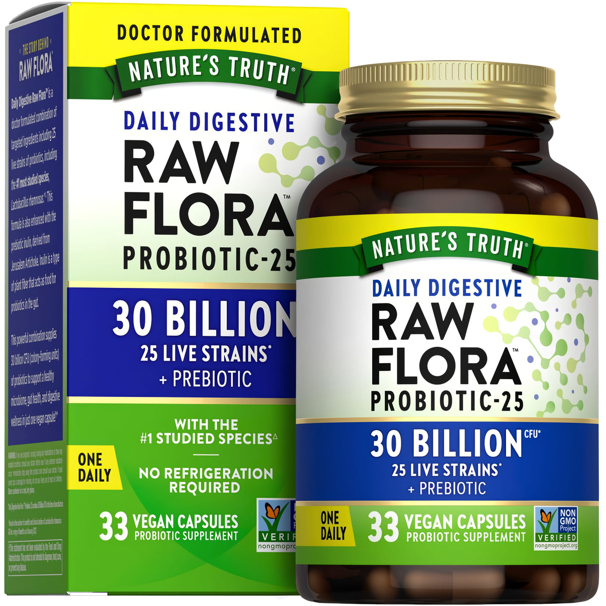 Daily Digestive Raw Flora Probiotic-25: 30 Billion CFU, 25 live strains, prebiotic, 33 vegan capsules.