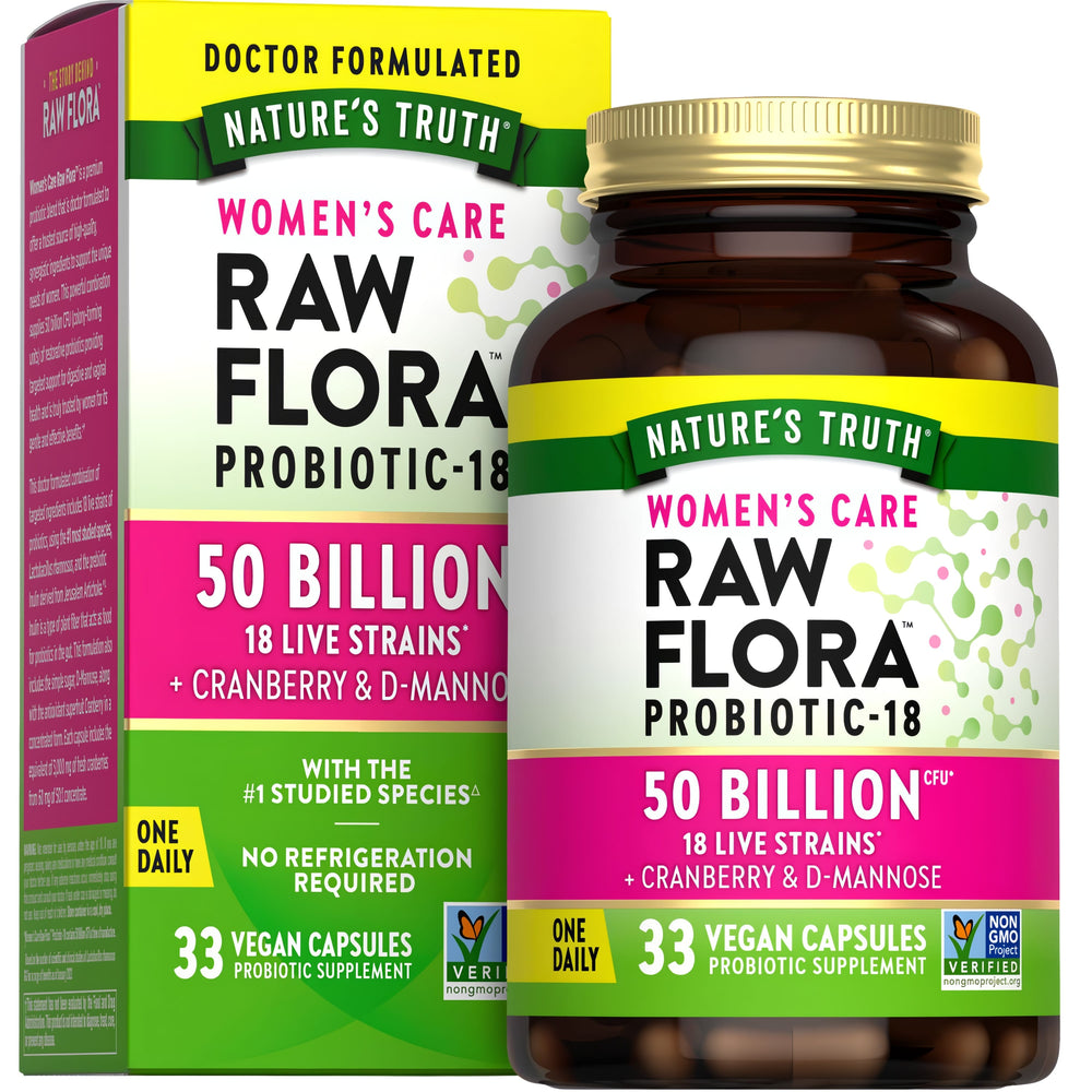Raw Flora Women's Care Probiotic-18 includes 50 Billion CFU, 18 Live Strains, with Cranberry & D-Mannose, 33 Vegan Capsules.