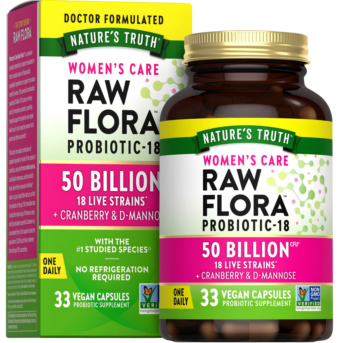 Raw Flora Women's Care Probiotic-18 includes 50 Billion CFU, 18 Live Strains, with Cranberry & D-Mannose, 33 Vegan Capsules.