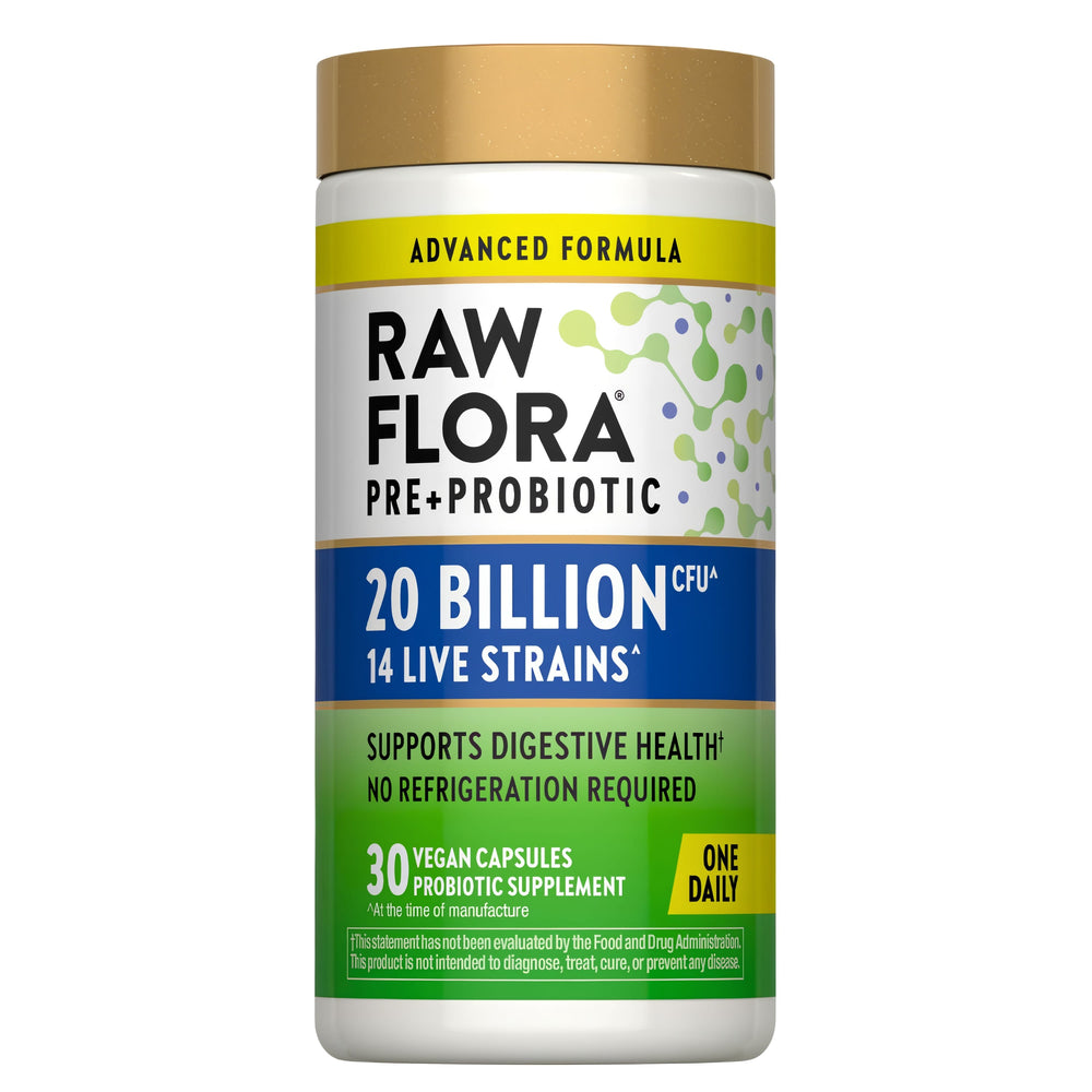 RAW FLORA PRE+PROBIOTIC with 20 billion CFU and 14 live strains in 30 vegan capsules supports digestive health.