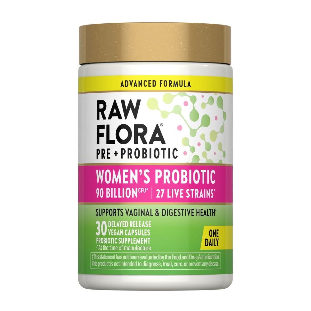 Women's Probiotic with 90 Billion CFU, featuring 27 live strains in 30 delayed release vegan capsules, taken once daily.