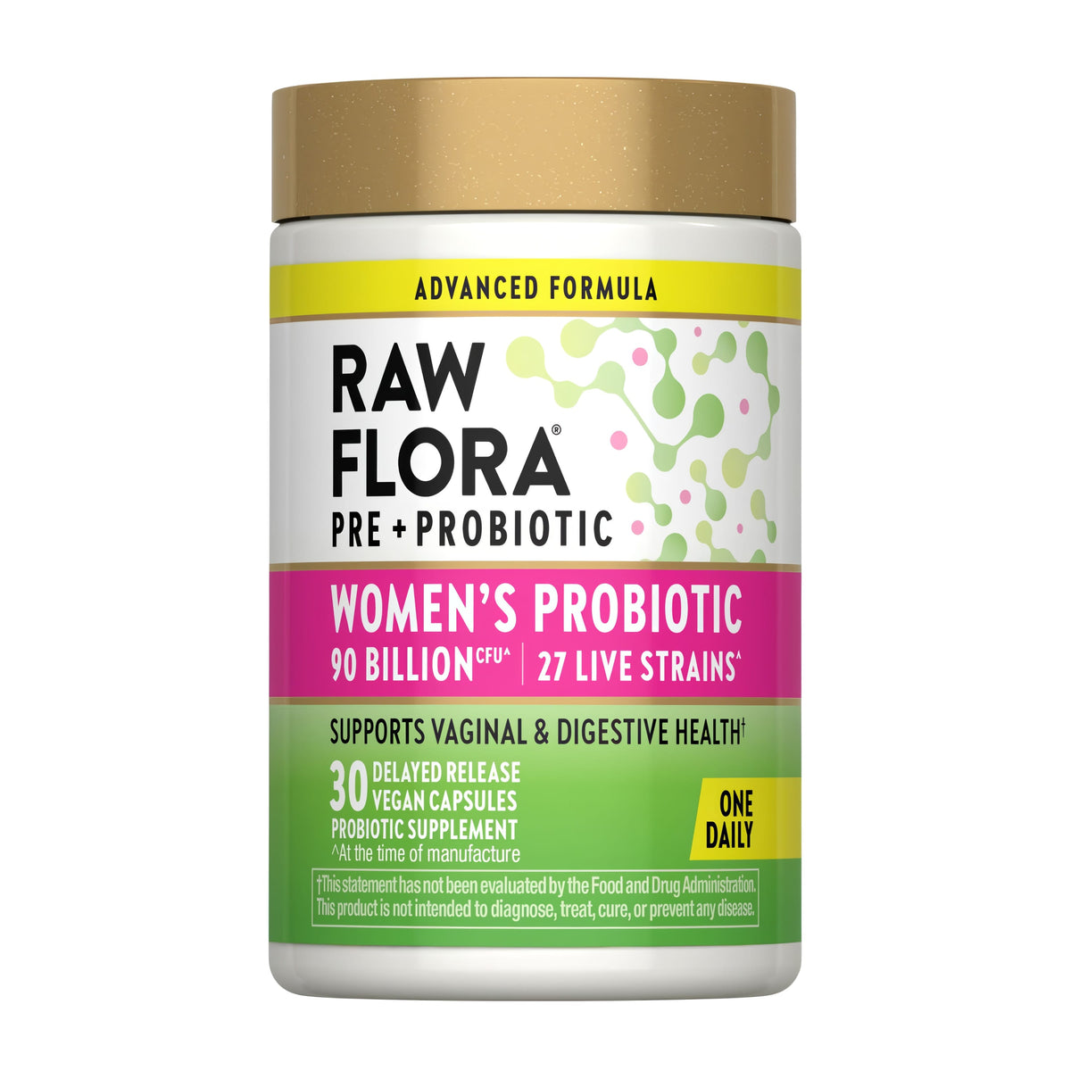 Women's Probiotic with 90 Billion CFU, featuring 27 live strains in 30 delayed release vegan capsules, taken once daily.