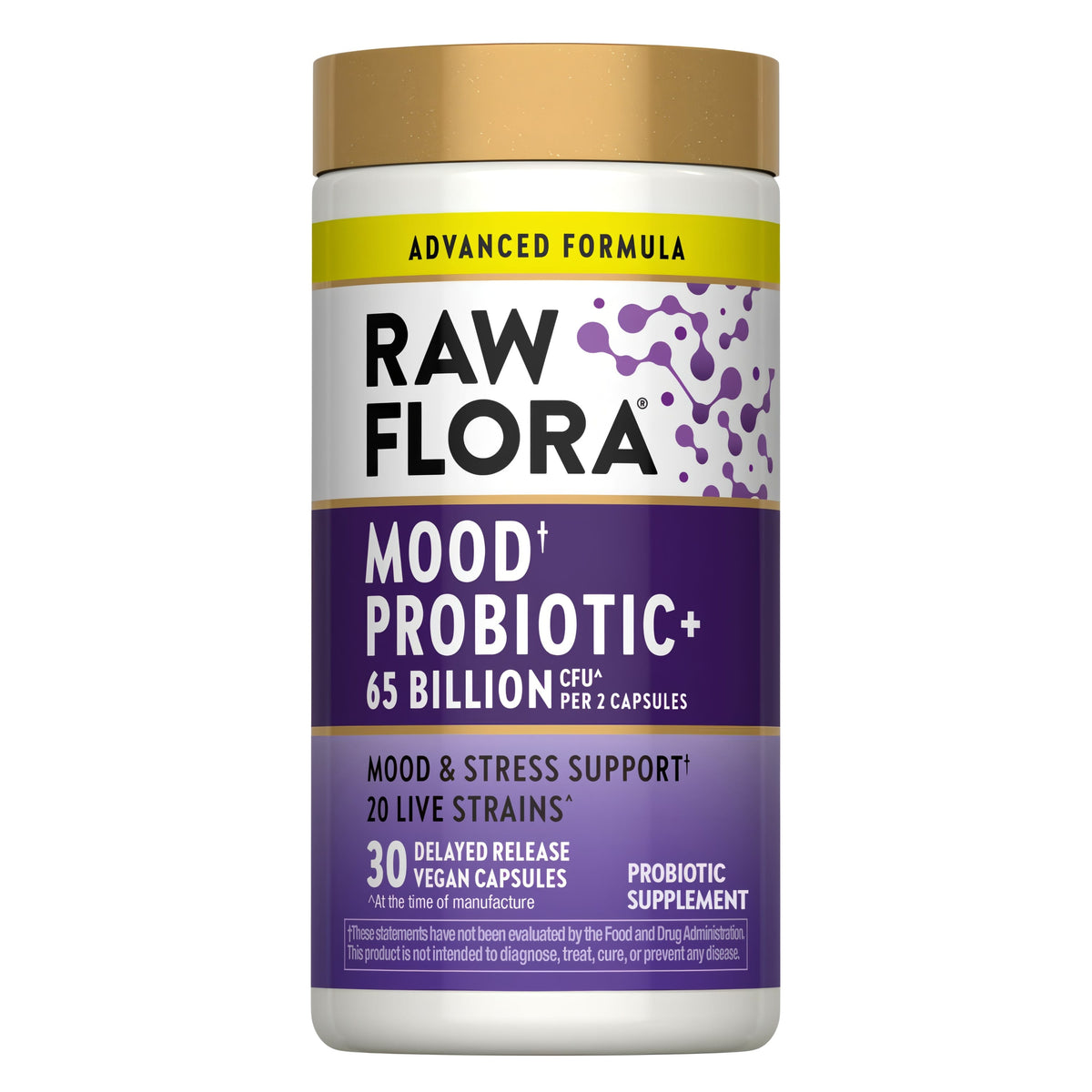 Raw Flora Mood Probiotic | 65 Billion CFU | 30 Capsules | with Ashwagandha | Vegan & Gluten Free Supplement