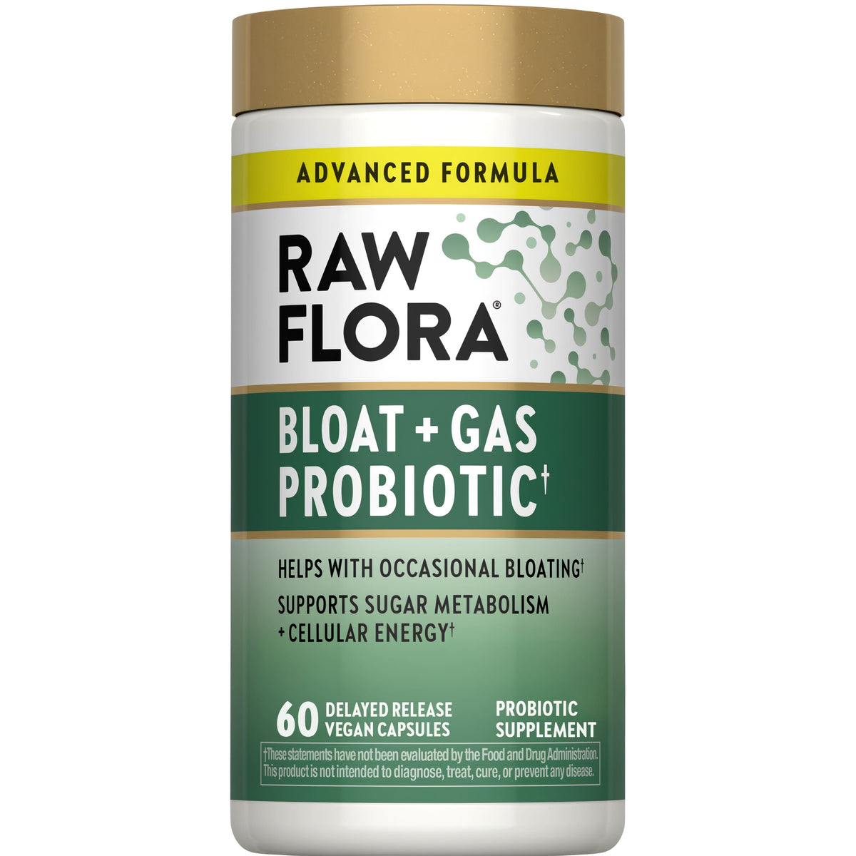 RAW FLORA Bloat and Gas Probiotic with 60 delayed release vegan capsules, designed to support digestive health and reduce bloating.