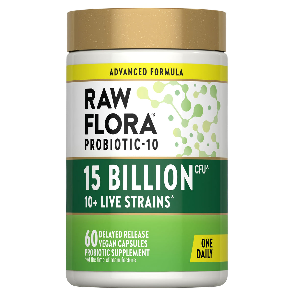 RF Probiotic capsules with 15 billion CFU, delayed release, vegan formula, and 10+ live strains.
