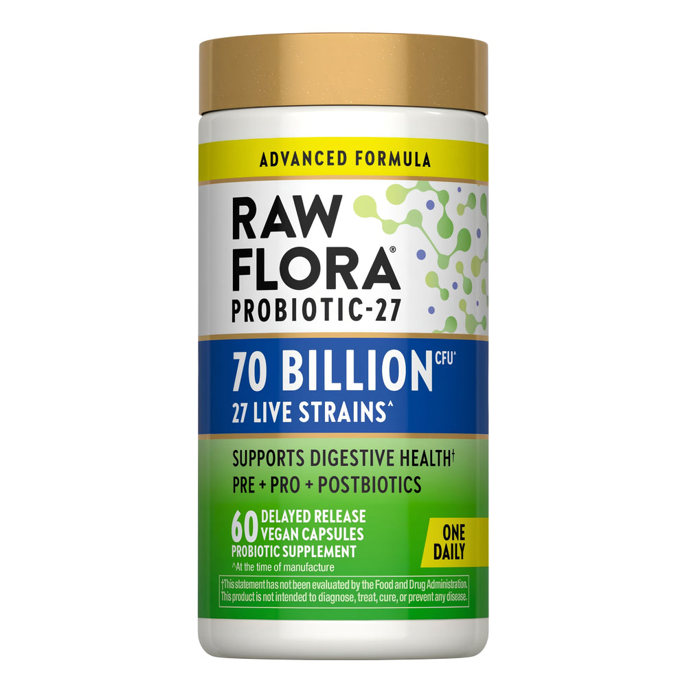 Raw Flora Probiotics for Women and Men | with Prebiotic | 60 Capsules | Supports Digestive Health | 70 Billion CFU | Vegan & Gluten Free Supplement
