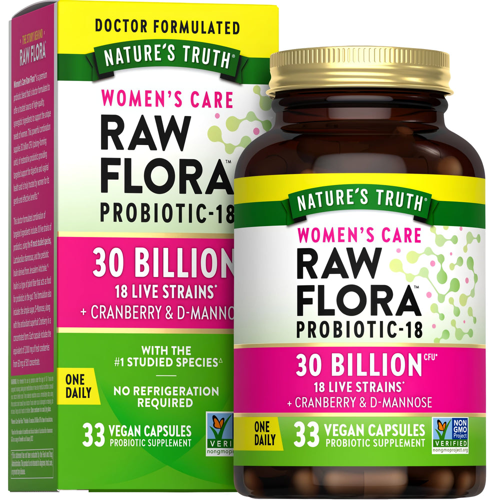 Raw Flora Probiotics for Women | 30 Billion CFU | 33 Capsules | with Cranberry and D-Mannose | Vegan, Non-GMO & Gluten Free Supplement
