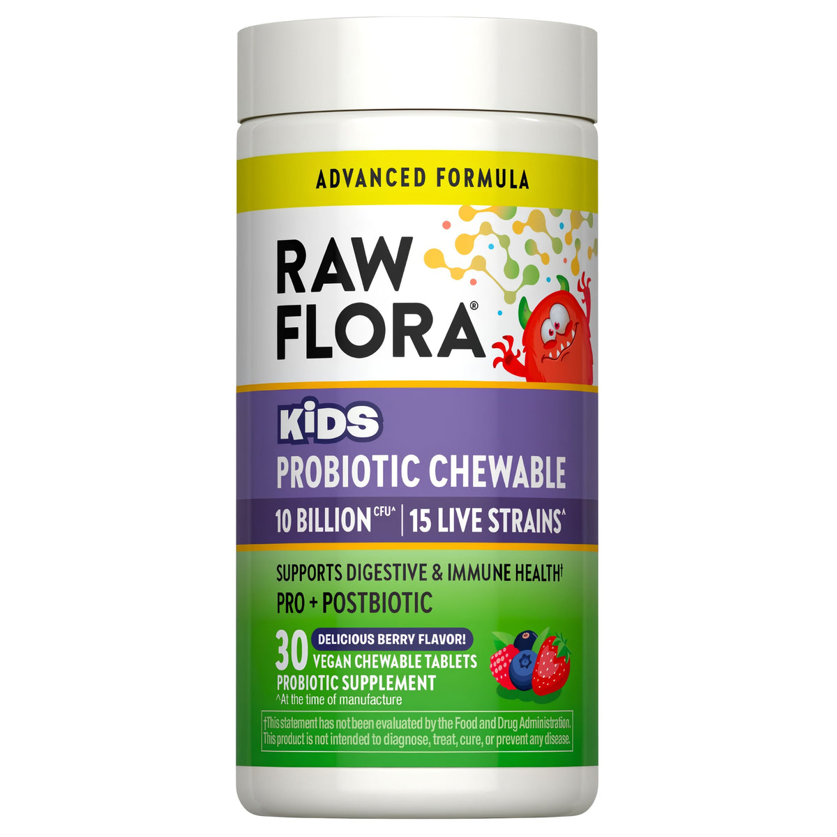 RAW FLORA KIDS Probiotic Chewable: 10 Billion CFU, 15 Live Strains, 30 Vegan Tablets, Berry Flavor. Child-friendly, supports gut health.