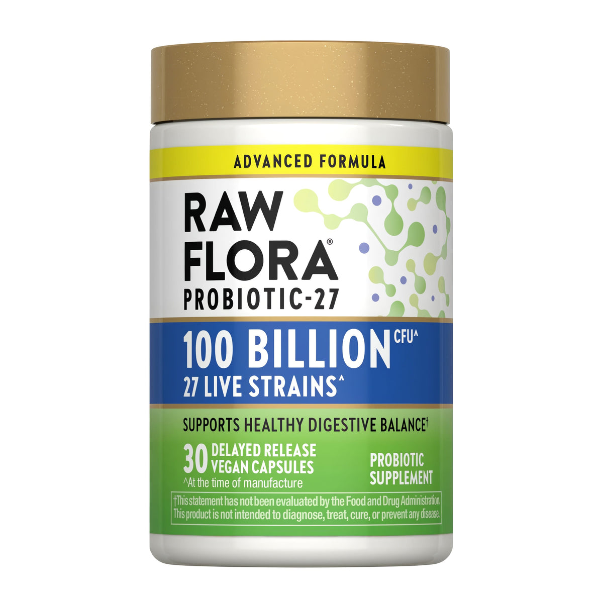 RAW FLORA PROBIOTIC-27 contains 100 billion CFU with 27 live strains in 30 delayed release vegan capsules.