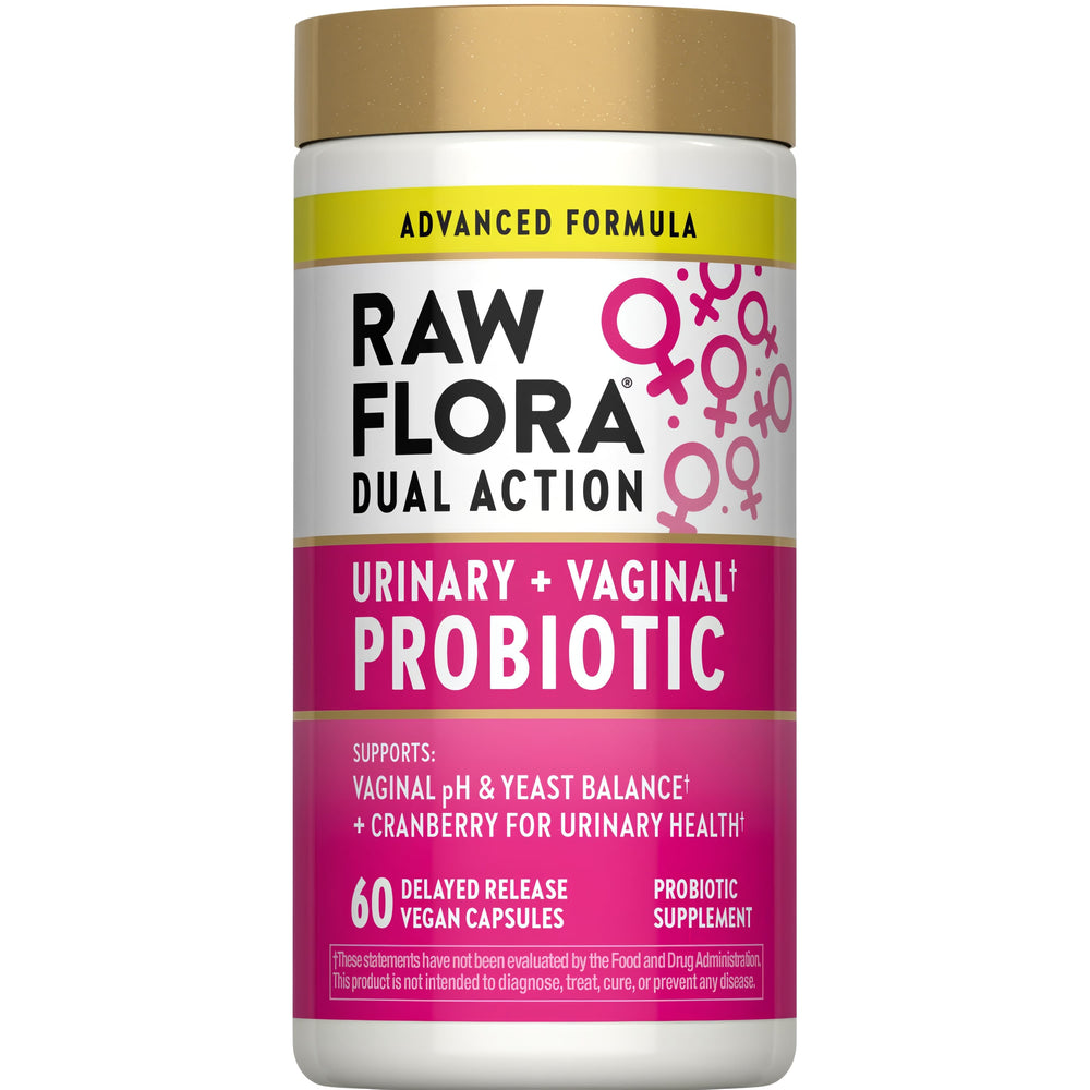 Raw Flora Dual Action Urinary and Vaginal Probiotic with 60 vegan delayed-release capsules.