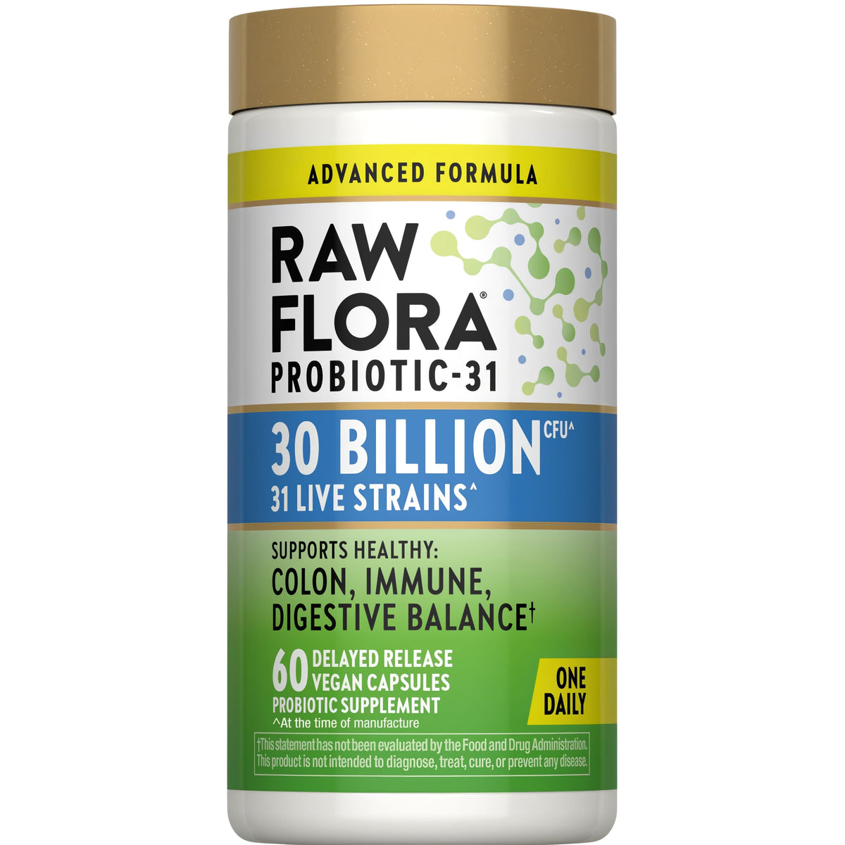RAW FLORA PROBIOTIC-31 Advanced Formula with 30 Billion CFU and 31 Live Strains, offers 60 Delayed Release Vegan Capsules, One Daily.