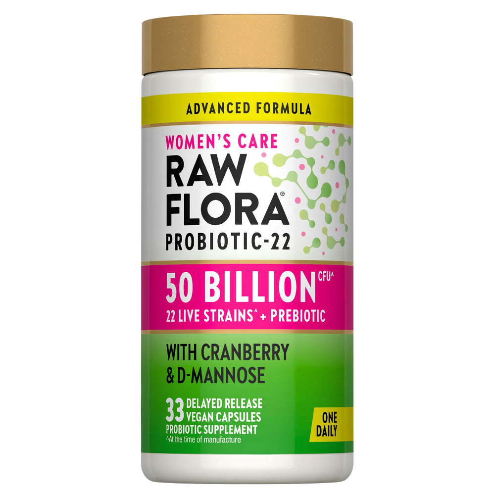 Raw Flora Women's Care Probiotic with 50 Billion CFU, 22 Strains, Cranberry, D-Mannose, 33 Vegan Capsules displayed.