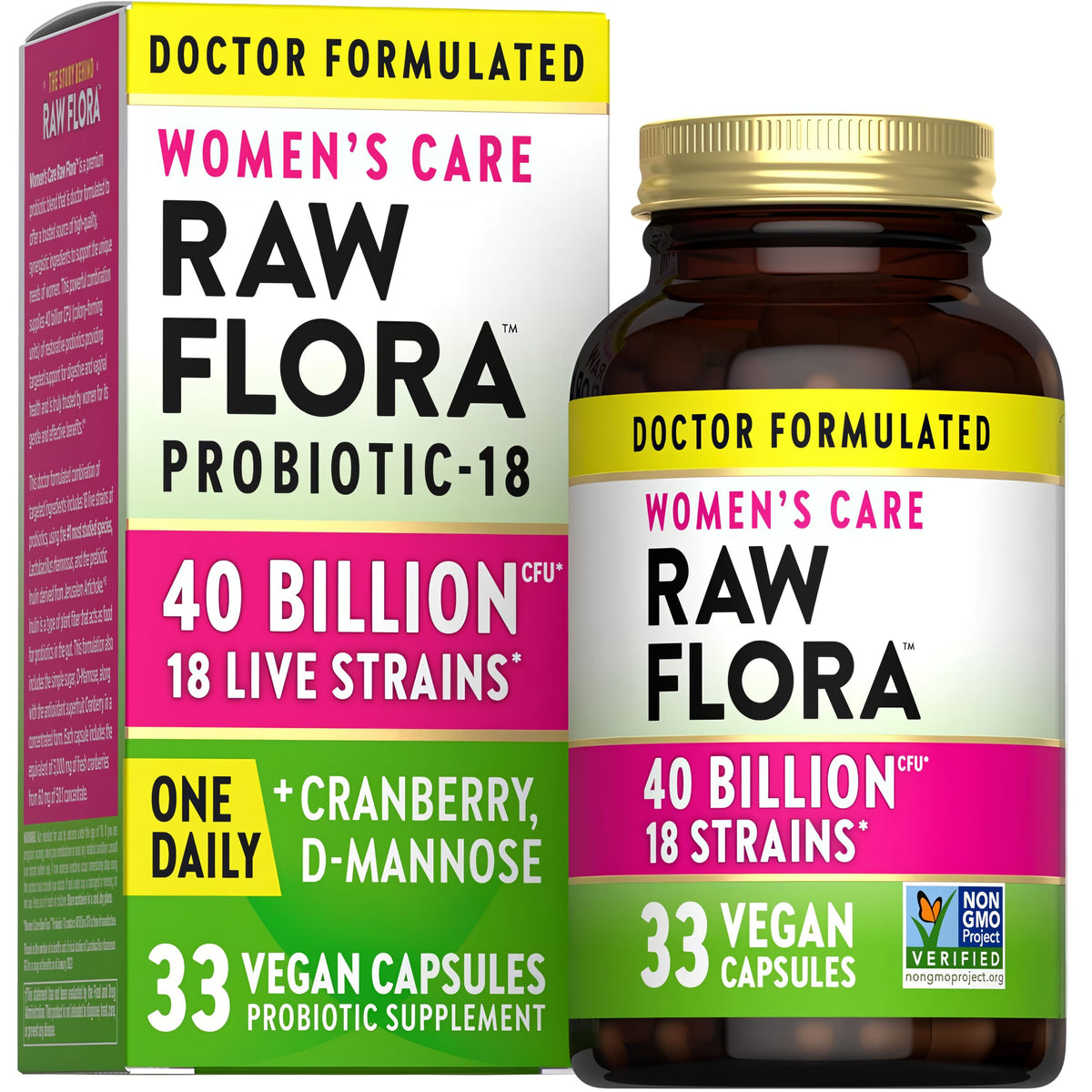 Women's Care Raw Flora Probiotic with 40 Billion CFU, 18 strains, and 33 vegan capsules. Doctor formulated and non-GMO.