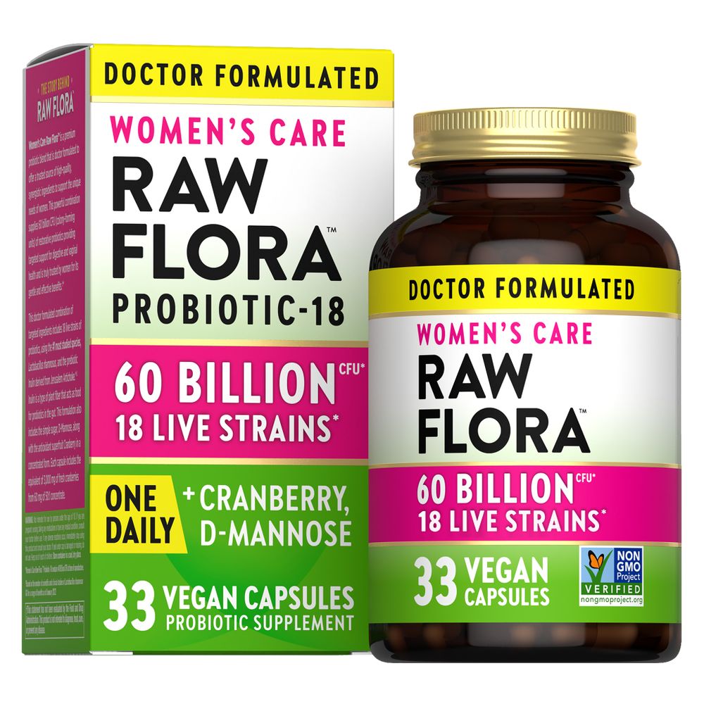 Raw Flora Women's Probiotics | 60 Billion CFU + Prebiotics | Digestive & Vaginal Support | 33 Vegan Capsules with Cranberry & D-Mannose | Shelf Stable