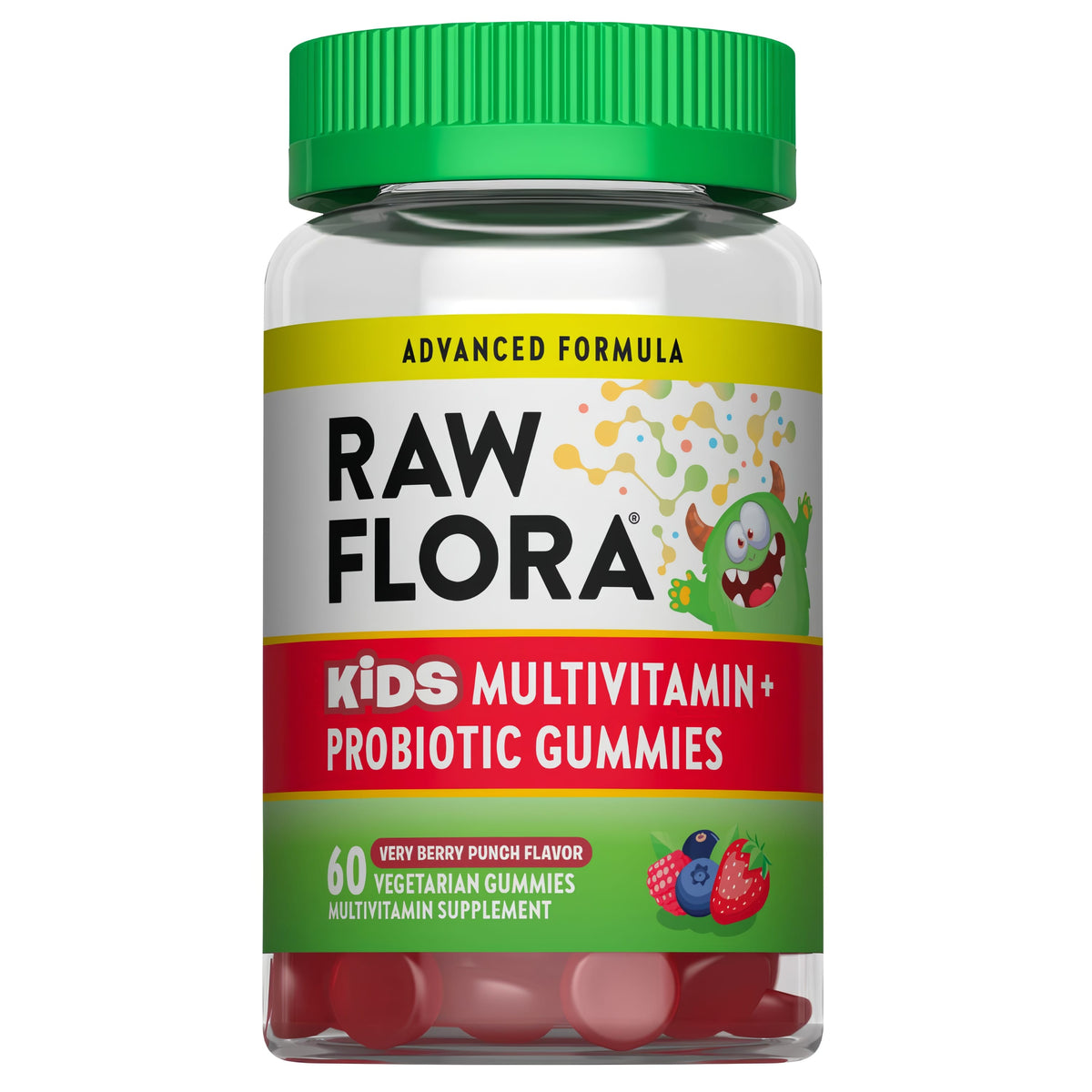RAW FLORA KIDS MULTIVITAMIN + PROBIOTIC GUMMIES, Very Berry Punch flavor, 60 vegetarian gummies.