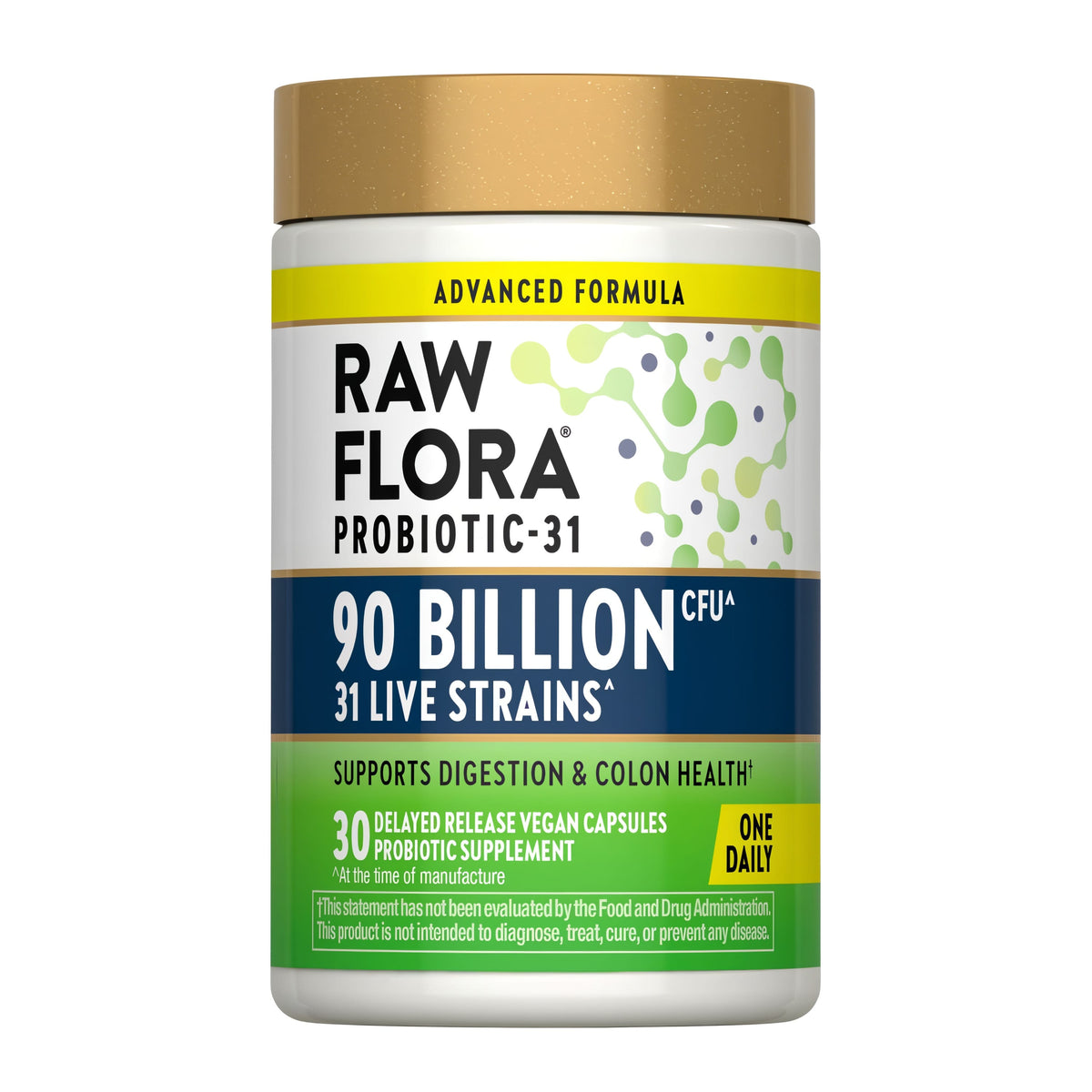 RAW FLORA Probiotic with 90 Billion CFU, 31 Live Strains, 30 Delayed Release Vegan Capsules for daily use.