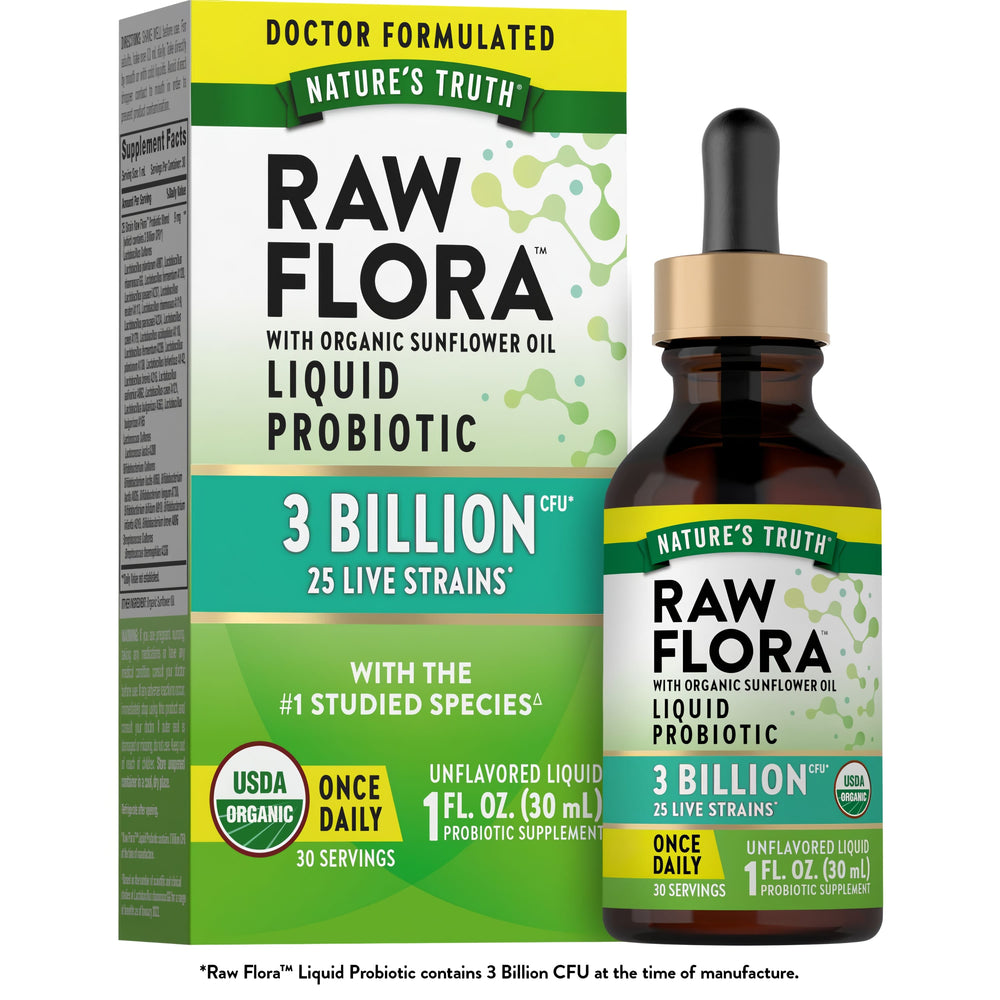 Raw Flora Liquid Probiotic, 1 fl. oz. (30 mL) with 3 Billion CFU, 25 Live Strains, USDA Organic, Once Daily, 30 Servings.