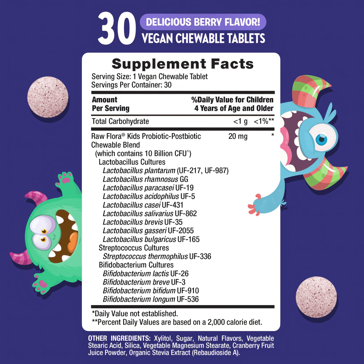Supplement Facts panel for RF Kids 10B Probiotic Chew, 30-count.