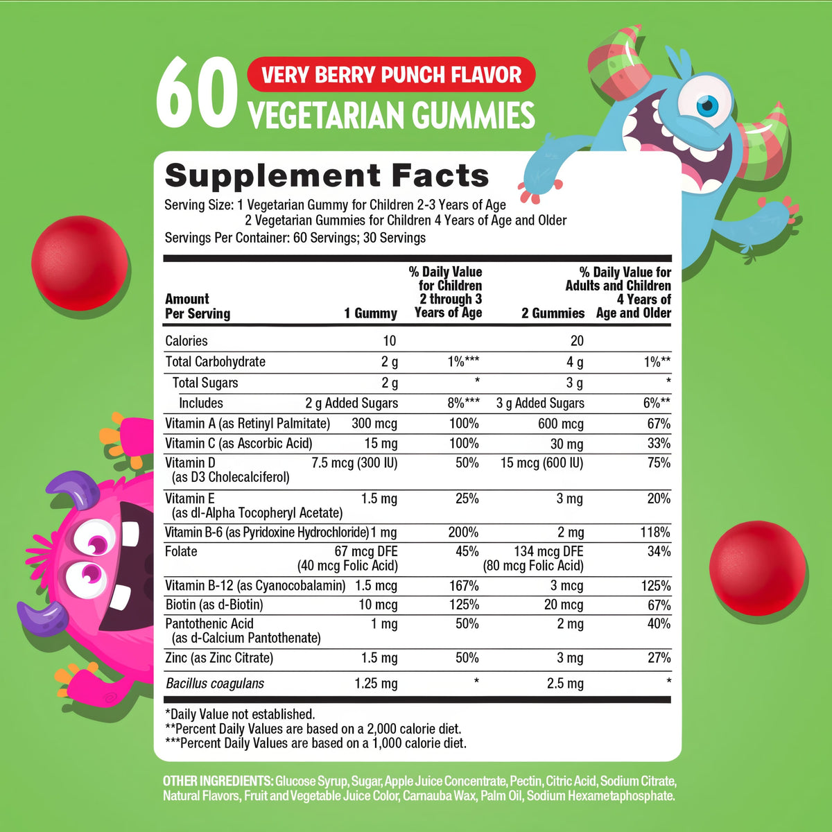 Supplement Facts panel for RF Kids Multi + Probio Gummy 60 Count, detailing nutritional information and ingredients.