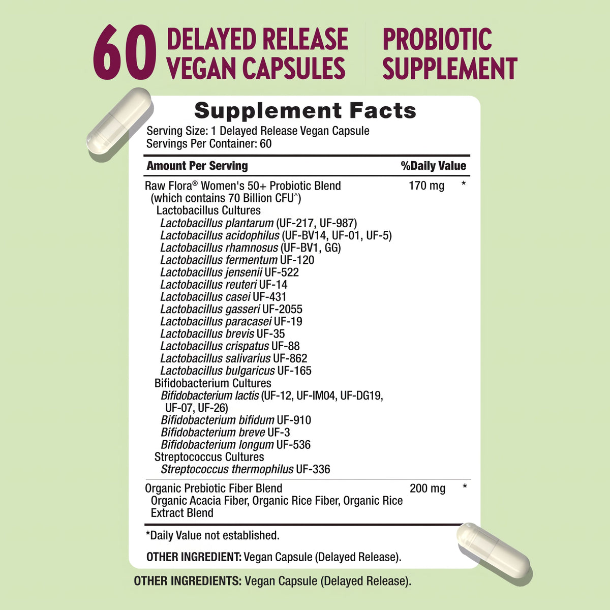 Raw Flora Probiotics for Women 50+ | 70 Billion CFU | 60 Capsules | with Prebiotic | Vegan & Gluten Free Supplement