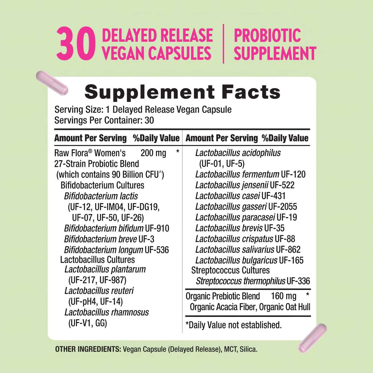 Supplement Facts panel for RF Women's 90B Probiotic in a 30-capsule format, detailing the nutritional information.