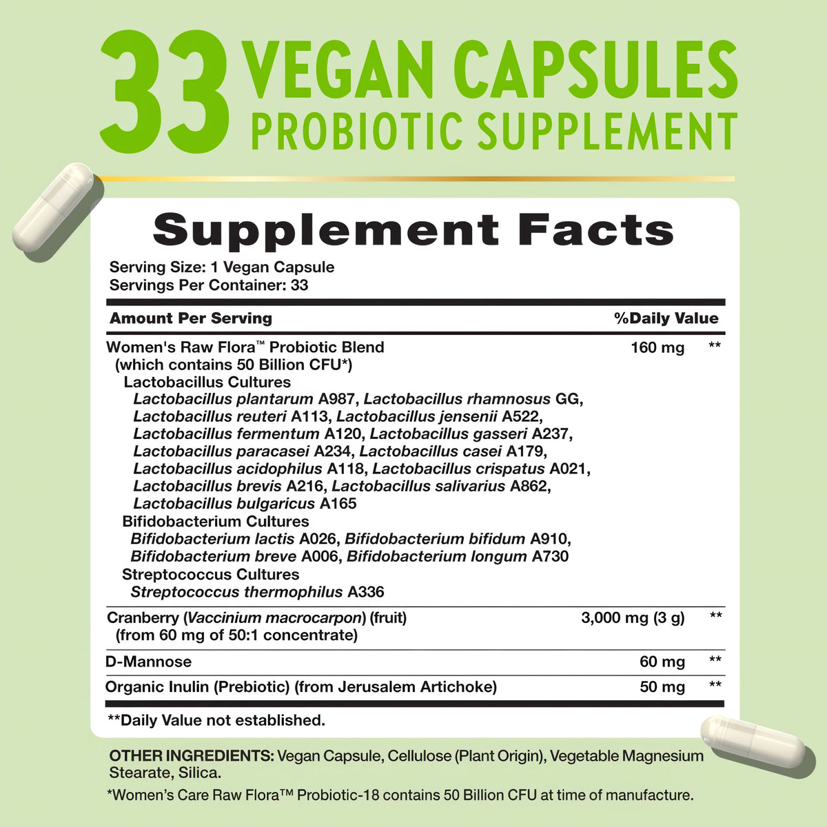 Supplement Facts panel for Raw Flora 50 Billion Women's Probiotic with 33 capsules.