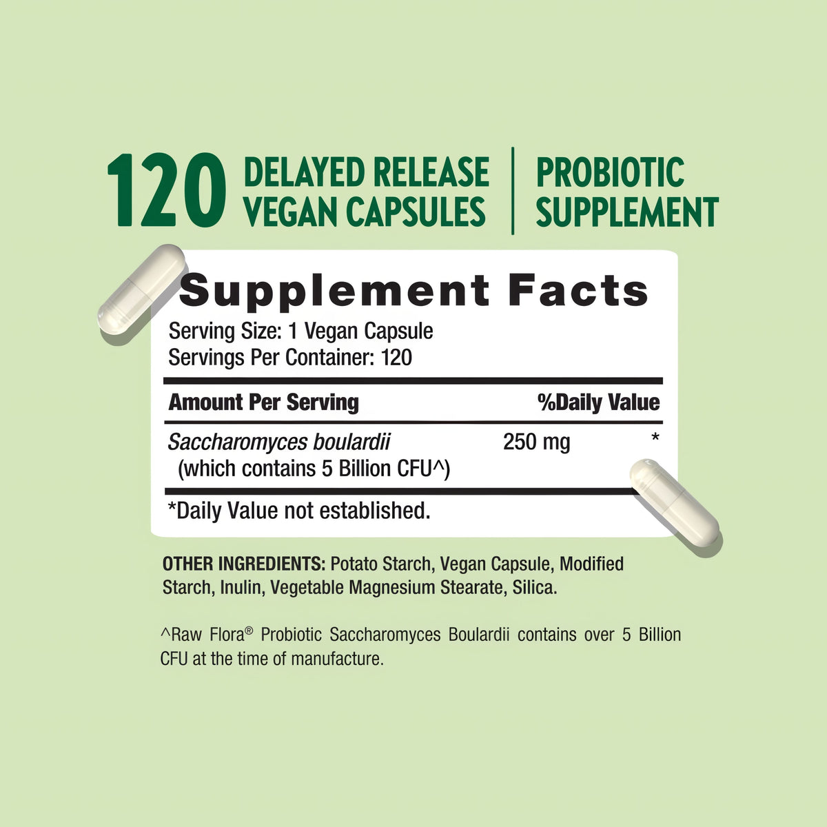 Raw Flora Saccharomyces Boulardii Probiotics Supplement | 250 mg | 120 Capsules | 5 Billion CFU | Vegan & Gluten Free