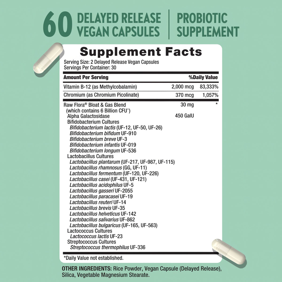RF Bloat + Gas Probiotic 60 Capsules supplement facts panel displayed.