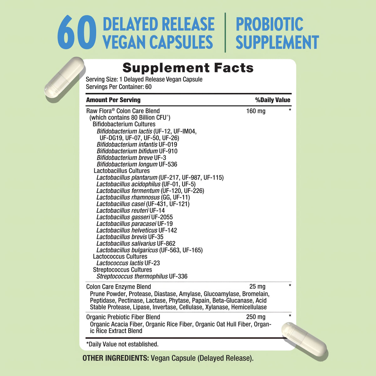 Raw Flora Colon Care Probiotics Capsules | 80 Billion CFU | 60 Count | Supports Digestive and Colon Health | Vegan & Gluten Free Supplement