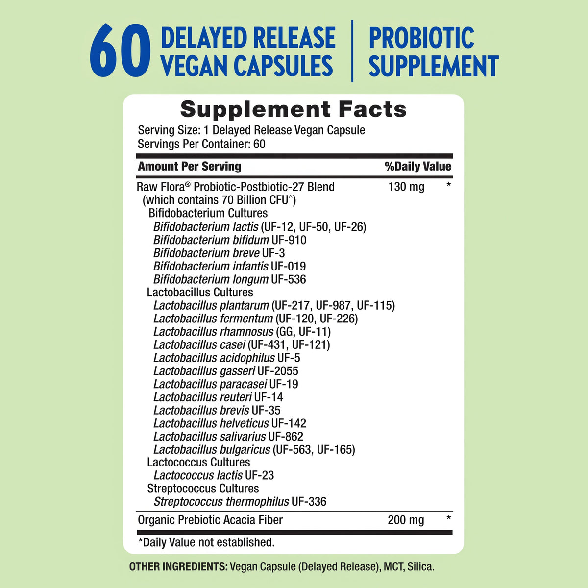 Raw Flora Probiotics for Women and Men | with Prebiotic | 60 Capsules | Supports Digestive Health | 70 Billion CFU | Vegan & Gluten Free Supplement