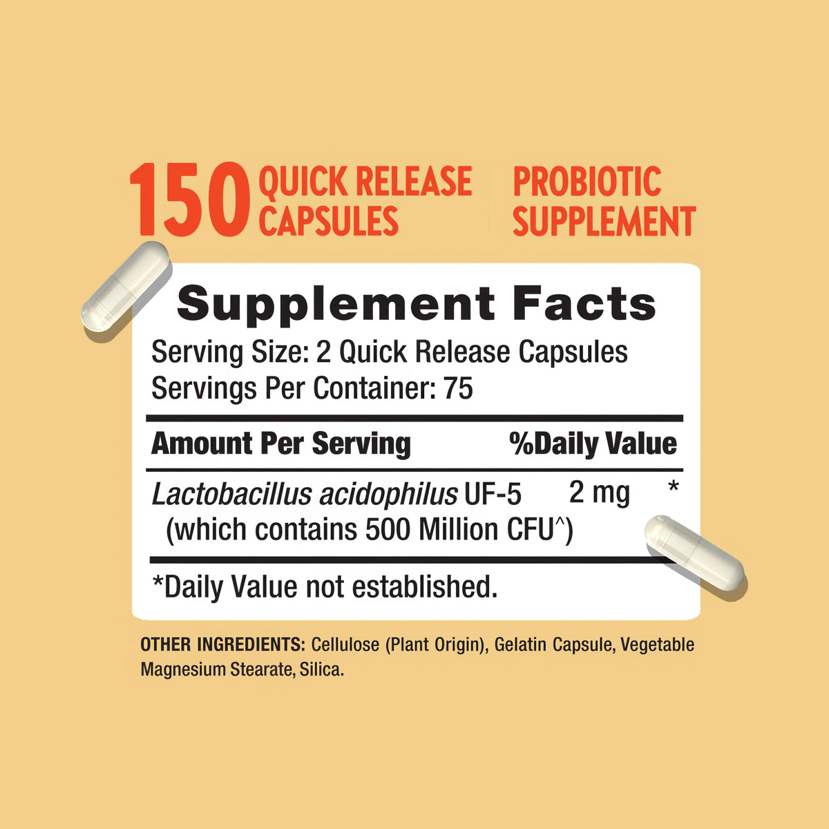 Raw Flora Acidophilus Probiotic Capsules | 500 Million CFU | 150 Count | for Women and Men | Gluten Free Supplement