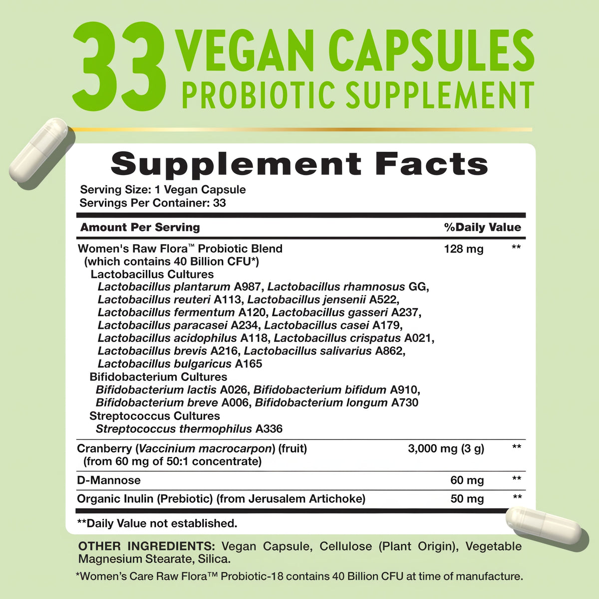 Supplement Facts label for Raw Flora 40 Billion Women Probiotic with 33 capsules shown.