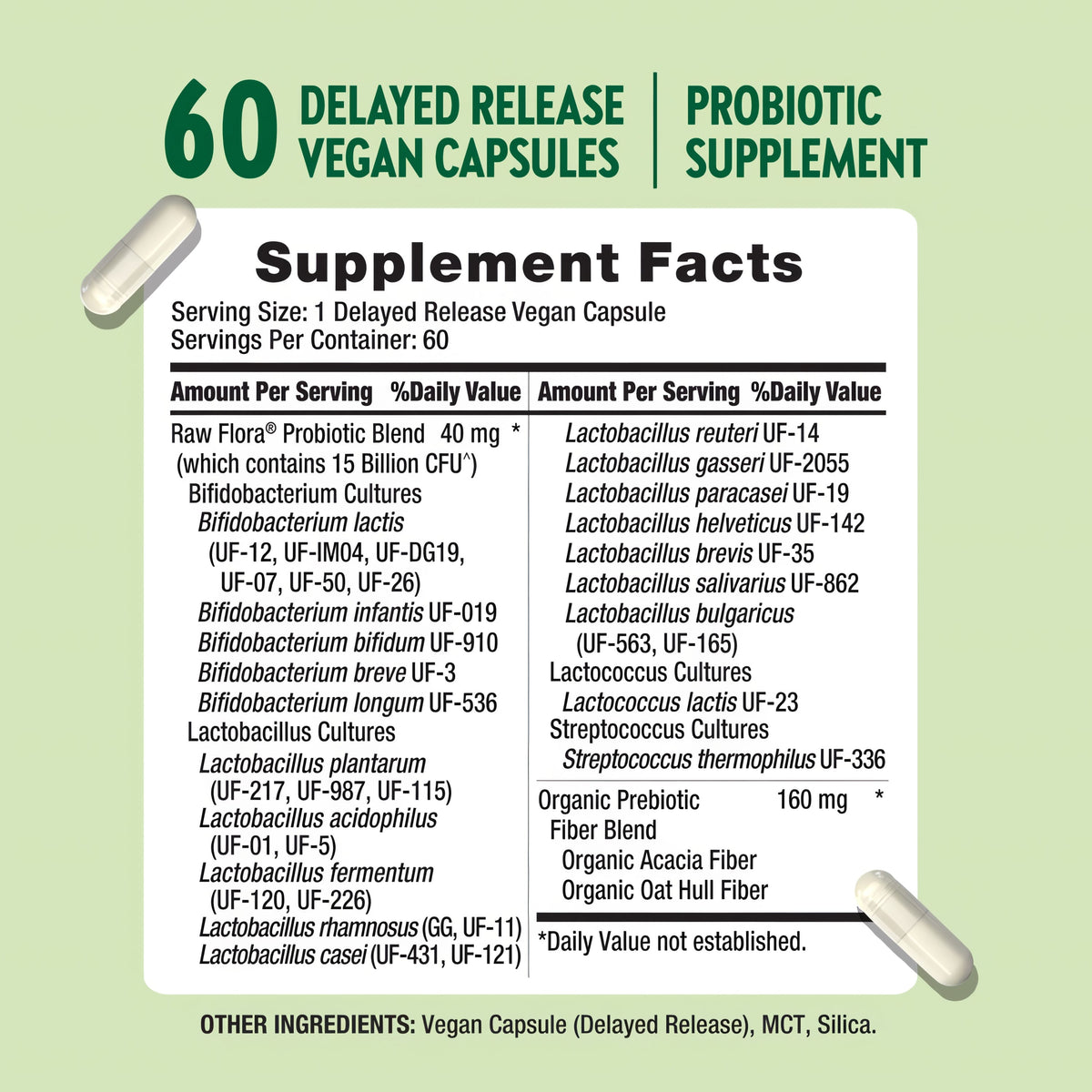 Supplement Facts panel for RF Probiotic, 15 Billion CFU, 60 Capsules.