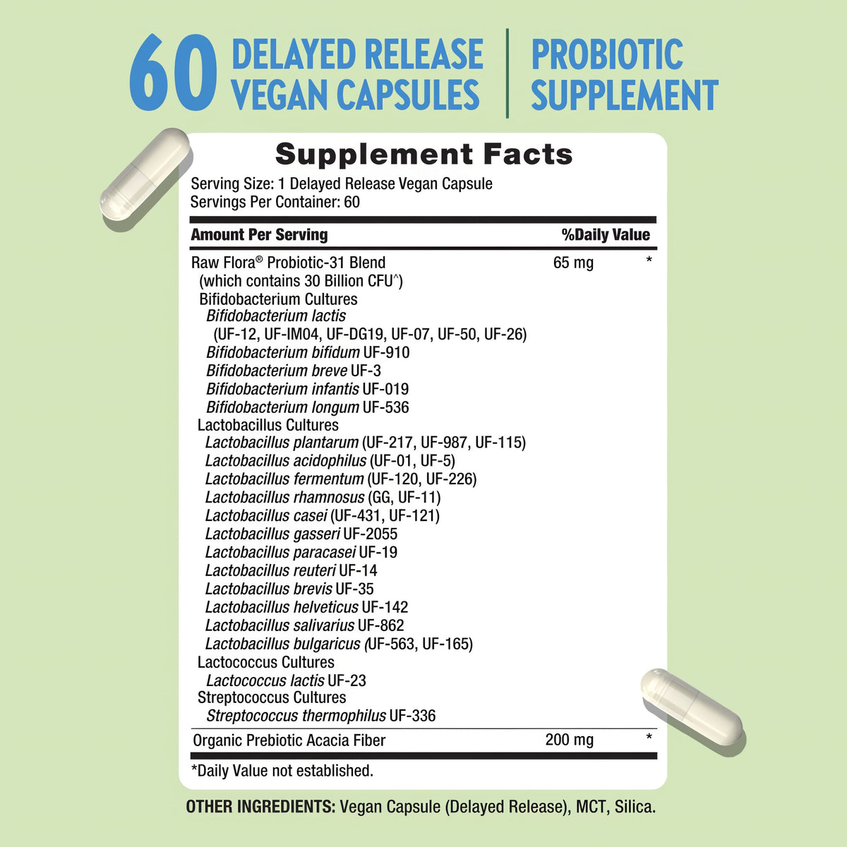 Supplement Facts panel for RF Probiotic, 30 Billion CFU, 60 Capsules.