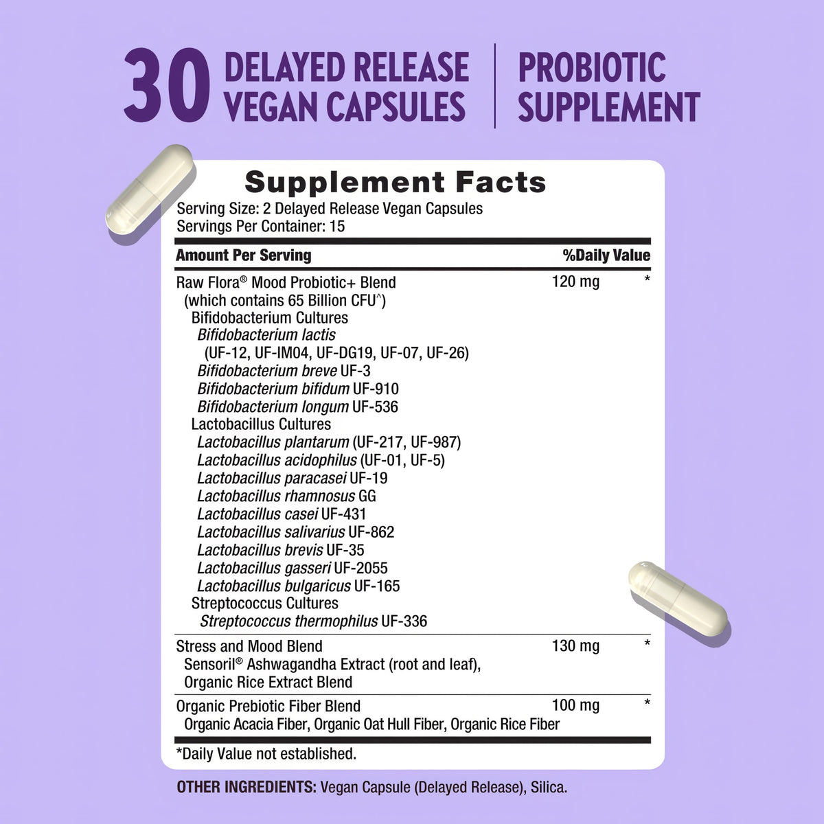 Raw Flora Mood Probiotic | 65 Billion CFU | 30 Capsules | with Ashwagandha | Vegan & Gluten Free Supplement
