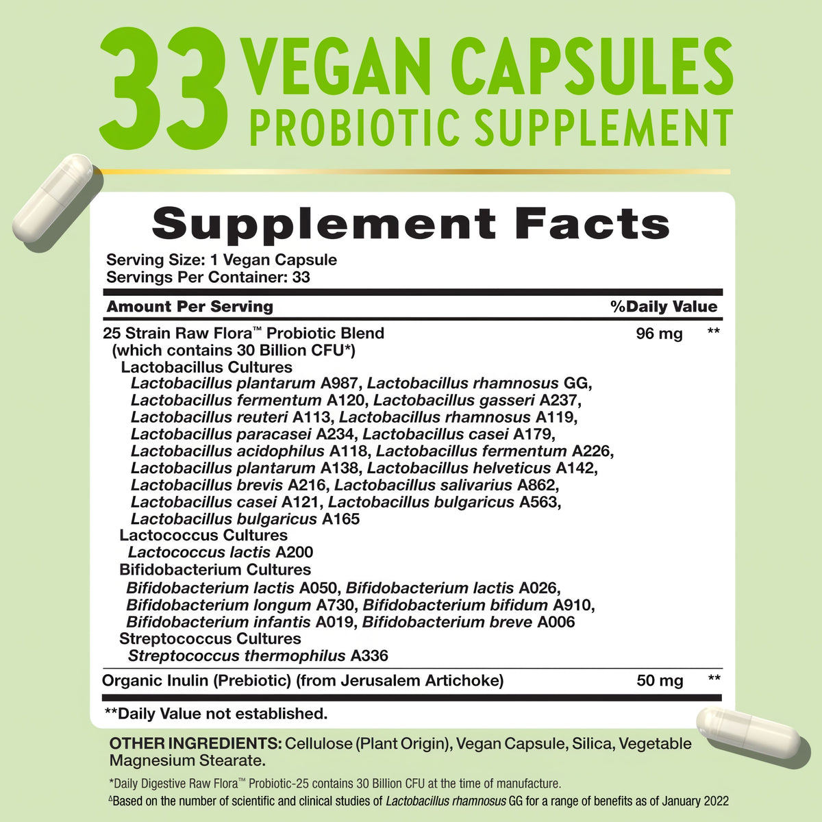 Image of Supplement Facts panel for Raw Flora 30 Billion, 33 capsules, showing ingredient details and nutritional information.