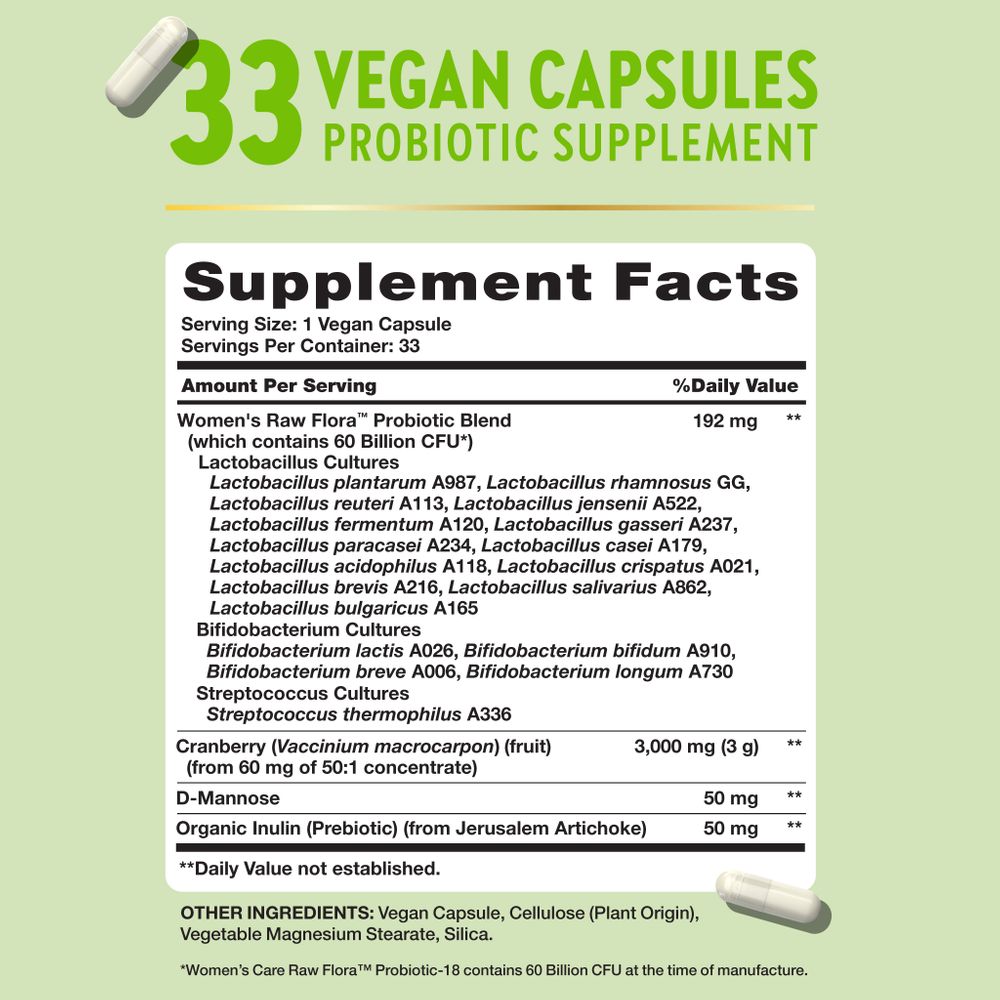 Supplement Facts panel for Raw Flora 60 Billion Women Probiotic 33 Cap.