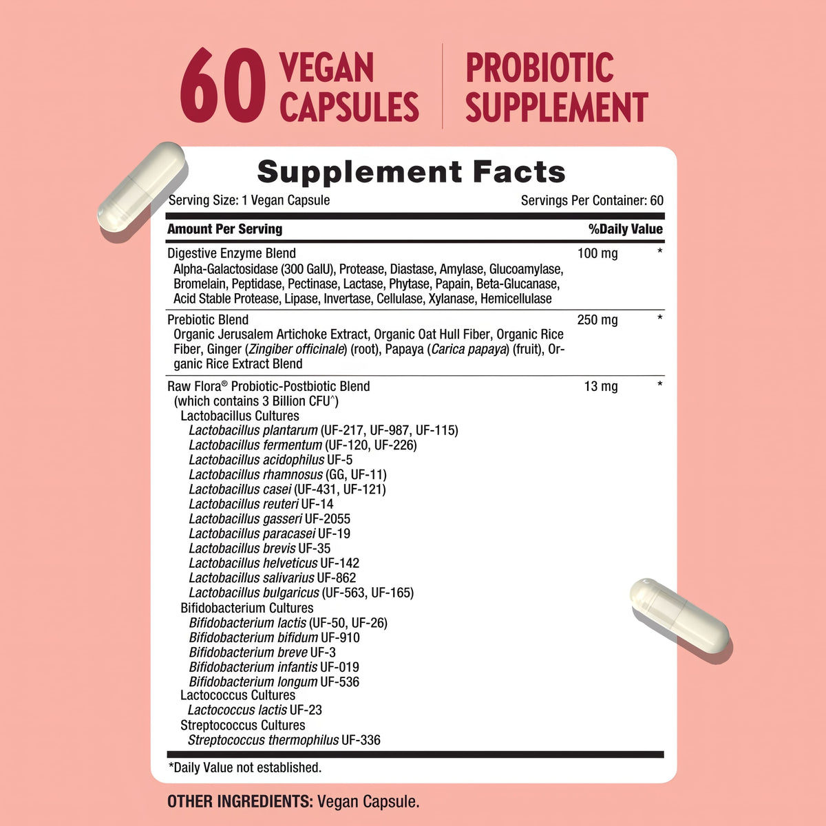 Raw Flora Digestive Enzymes for Women and Men | with Probiotics & Prebiotics | 60 Vegan Capsules | Gluten Free Supplement