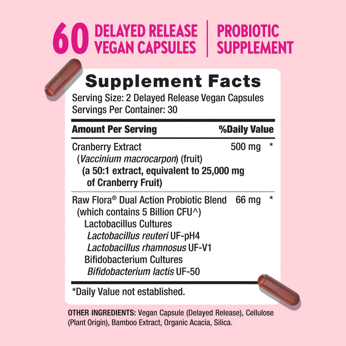 Supplement Facts panel for RF Urinary + Vaginal Probiotic with 60 capsules.