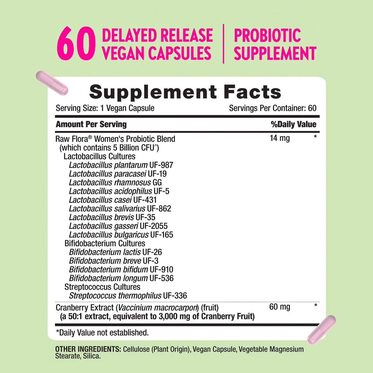 Raw Flora Probiotics for Women | with Cranberry | 5 Billion CFU | 60 Capsules | Vegan & Gluten Free Supplement