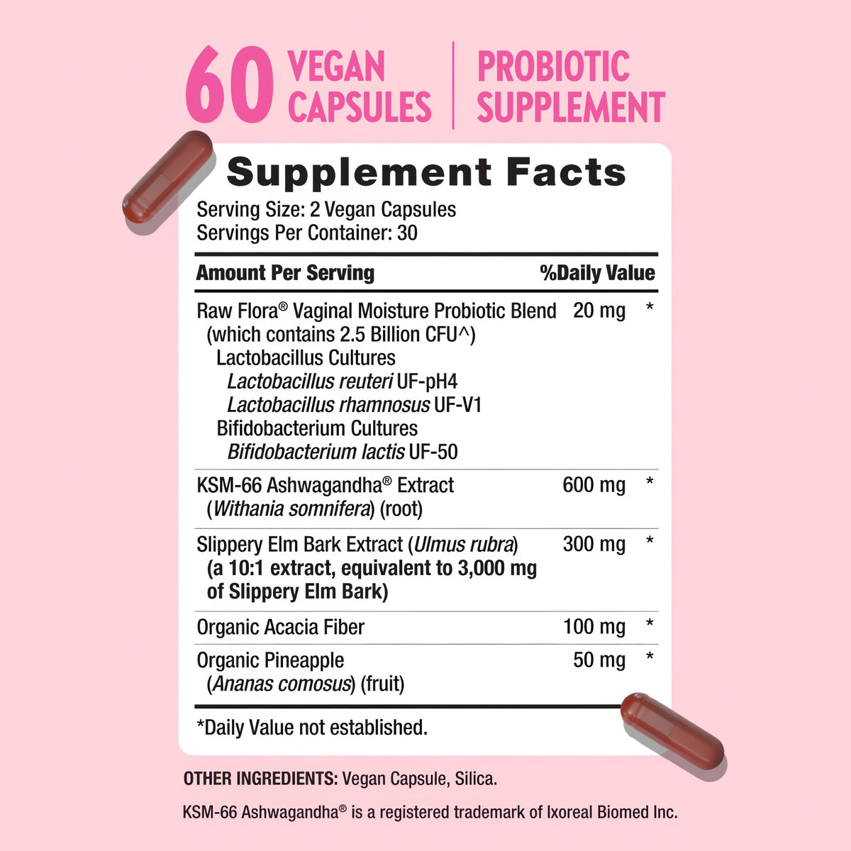Raw Flora Vaginal Moisture Probiotics for Women | 60 Capsules | with Slippery Elm and Pineapple | Vegan & Gluten Free Supplement