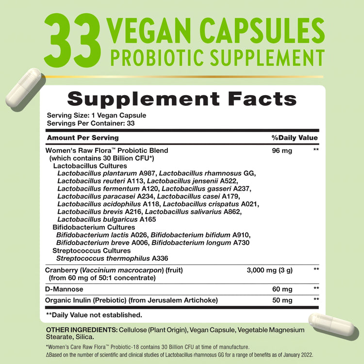 Supplement Facts for Raw Flora 30 Billion Women's Probiotic, 33 capsules.