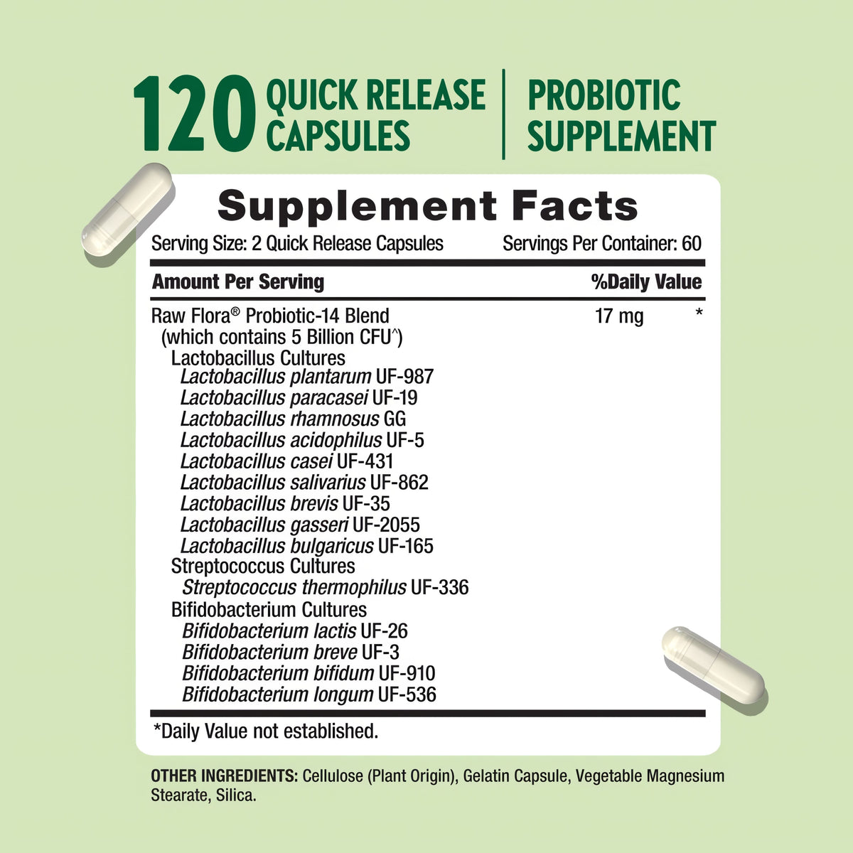 Raw Flora Probiotics for Women and Men | 120 Capsules | Supports Digestion | 5 Billion CFU | Gluten Free Supplement