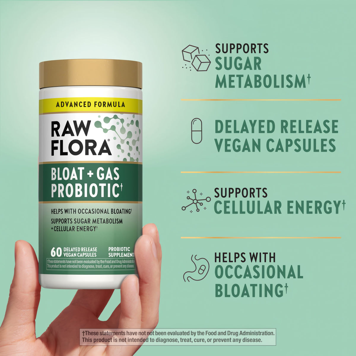 Product highlights graphic stating SUPPORTS SUGAR METABOLISM, DELAYED RELEASE VEGAN CAPSULES, SUPPORTS CELLULAR ENERGY, HELPS BLOATING