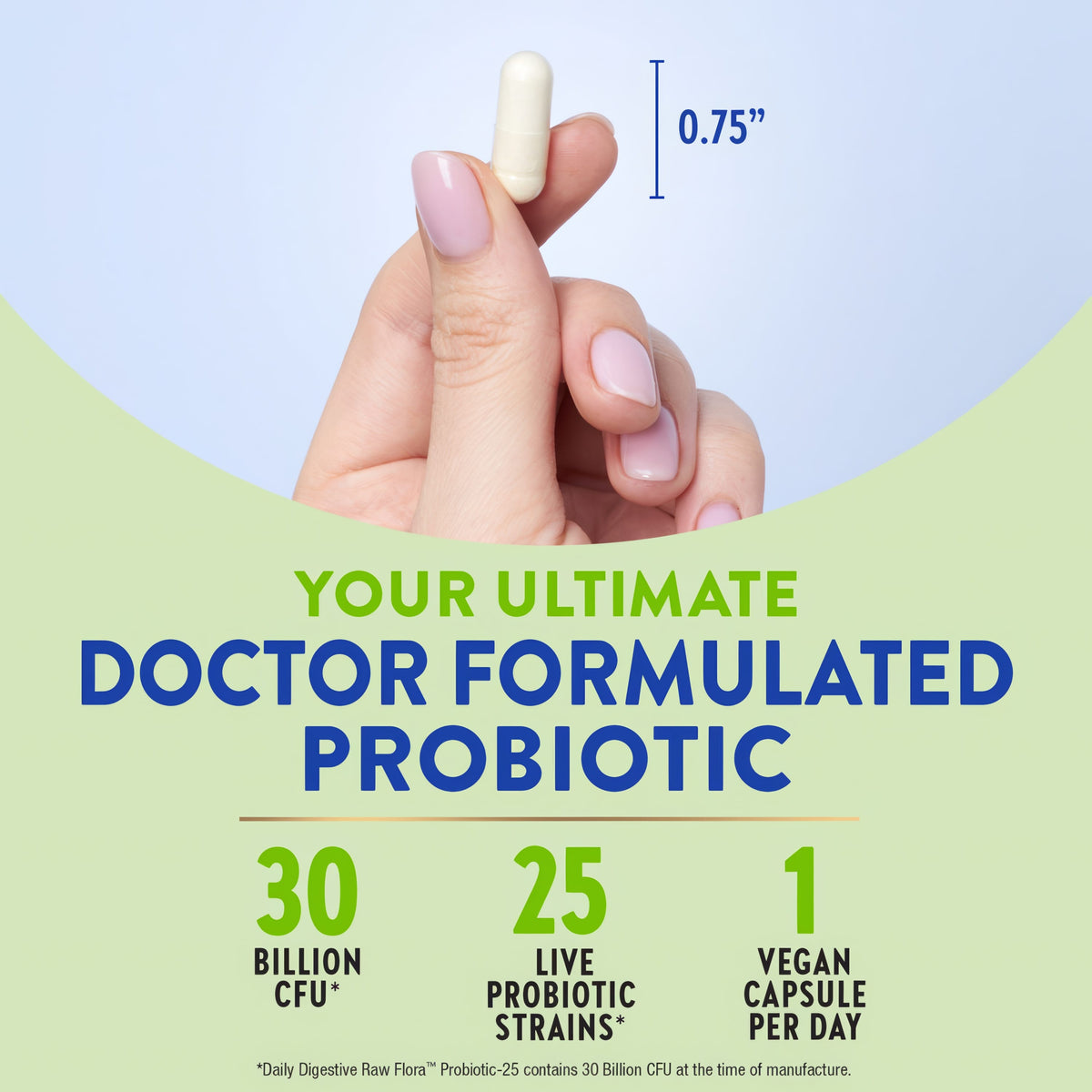 Infographic of doctor-formulated probiotic with a 0.75 inch capsule, 30 Billion CFU, 25 live strains, 1 vegan capsule per day.